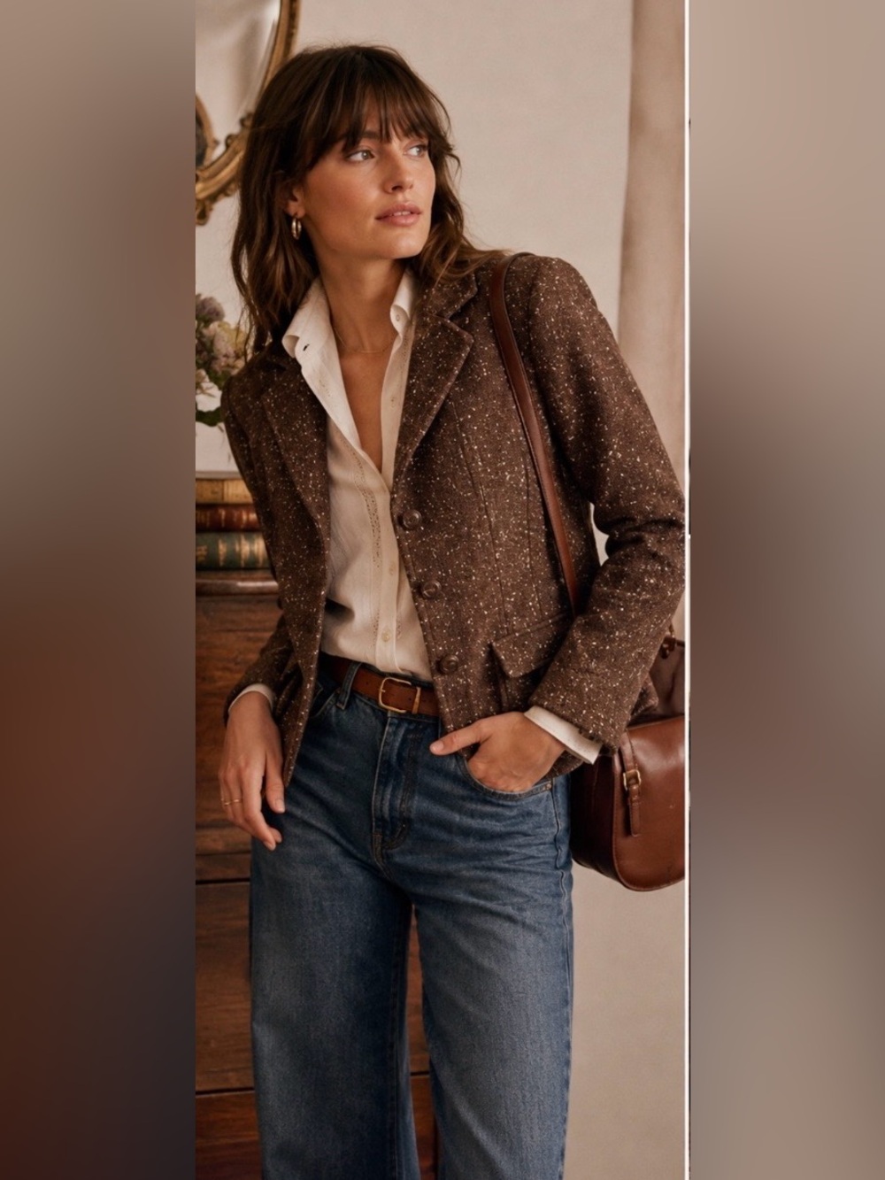 Women's Brown Tweed Button-Front Blazer Jacket by Liz Claiborne